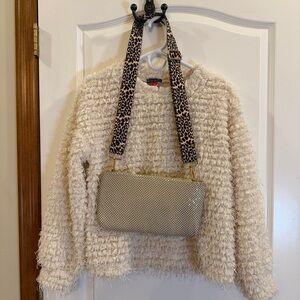 Vince Camuto Cream Tufted Fringe Sweater With Cream Metal Mesh Purse